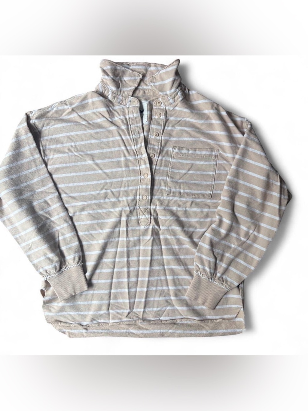 Aerie Tan Striped Button Up Collar Pullover Sweatshirt Henley XS